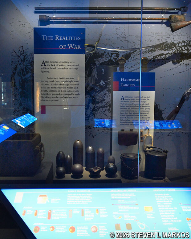 Backlit panel provides information about the artifacts on display in the Visitor Center museum at Manassas National Battlefield Park
