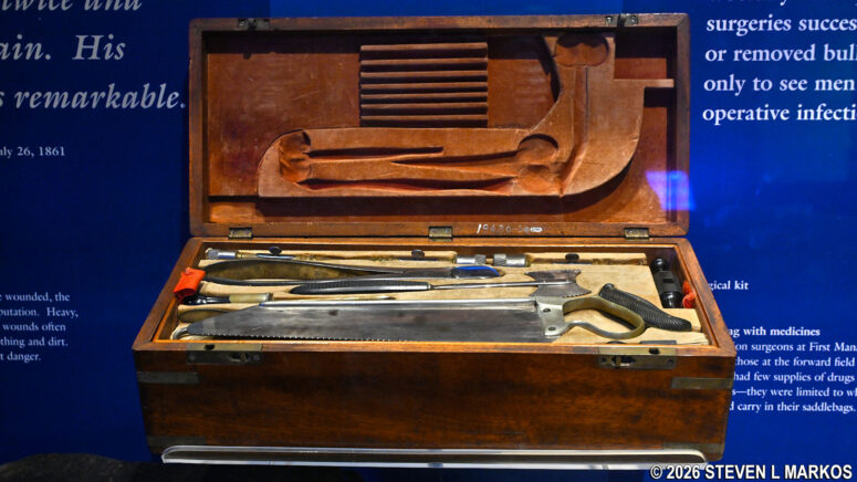 Collection of Civil War-era surgical tools on display in the Visitor Center museum at Manassas National Battlefield Park