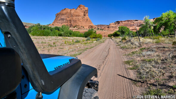 View of Dog Rock during a guided jeep tour on the canyon floor at Canyon de Chelly National Monument