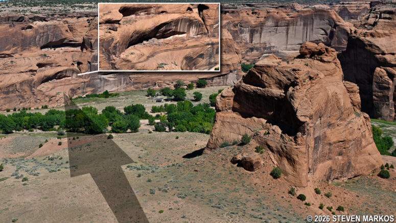Location of Junction Ruin when standing at the Junction Overlook on South Rim Drive, Canyon de Chelly National Monument