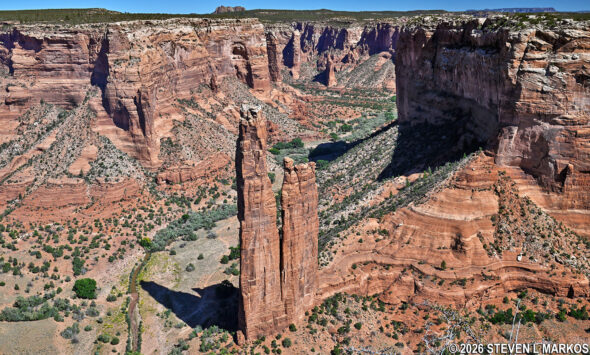 View of Spider Rock and Face Rock from the Spider Rock Overlook on Canyon de Chelly National Monument's South Rim Drive