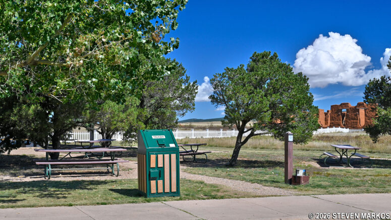 Picnic tables outside the Visitor Center at Fort Union National Monument