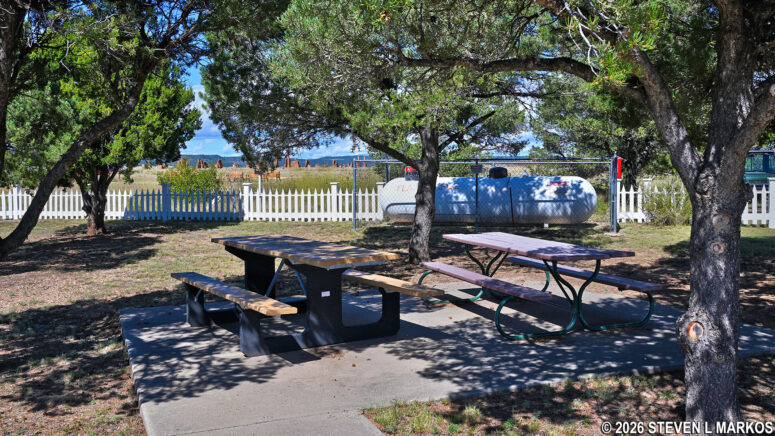 Handicap accessible picnic tables on the left side of the Visitor Center at Fort Union National Monument