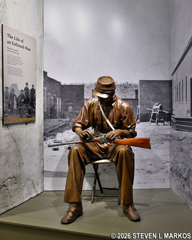 Statue of an enlisted man in the exhibit area at the Fort Union National Monument Visitor Center