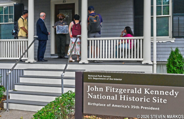 Ranger conducts a tour of the Kennedy House on Beals Street, John Fitzgerald Kennedy National Historic Site