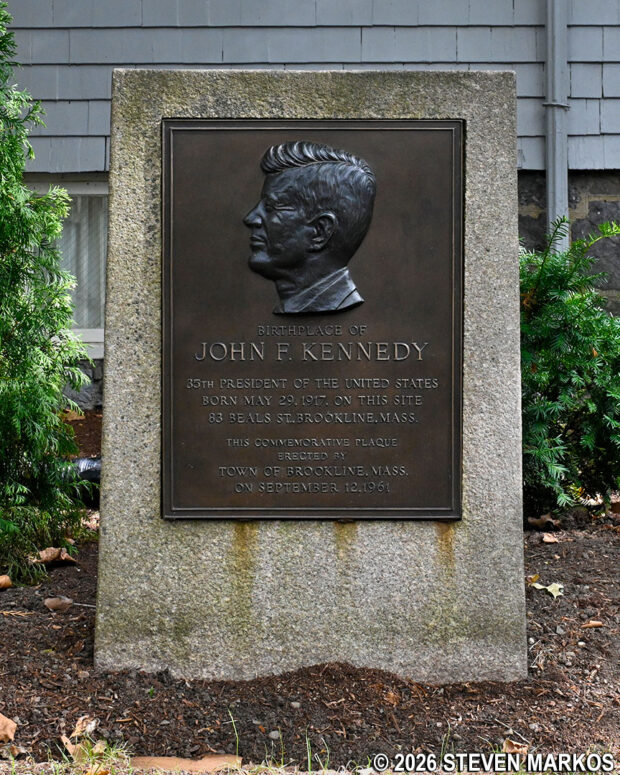 Plaque in front of the Kennedy's Beals Street house honoring Brookline native President John F. Kennedy