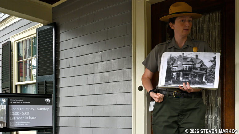 Ranger conducts a tour of the Kennedy House on Beals Street, John Fitzgerald Kennedy National Historic Site