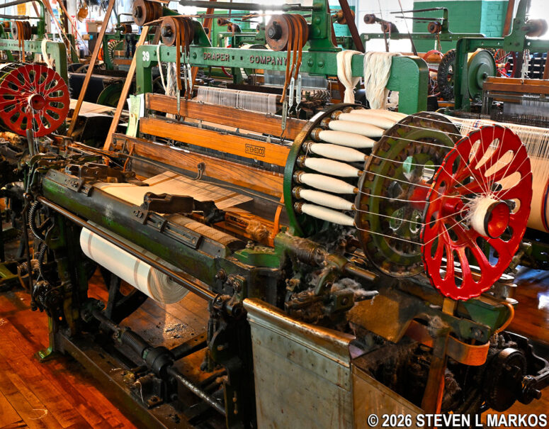 Front side of the Draper Loom in the Weave Room of the Boott Cotton Mill Museums, Lowell National Historical Park