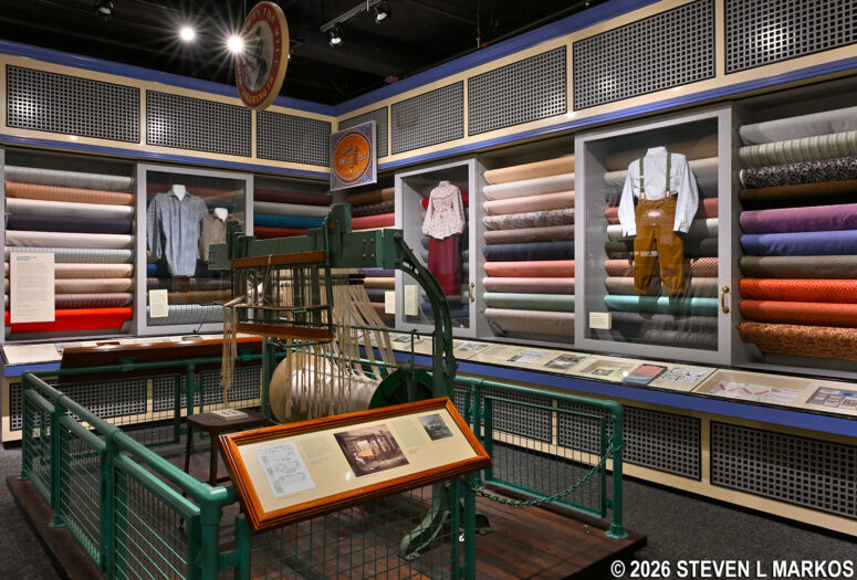 Exhibit on the types of cloth made at Boott Cotton Mills in display in the Boott Cotton Mills Museum, Lowell National Historical Park