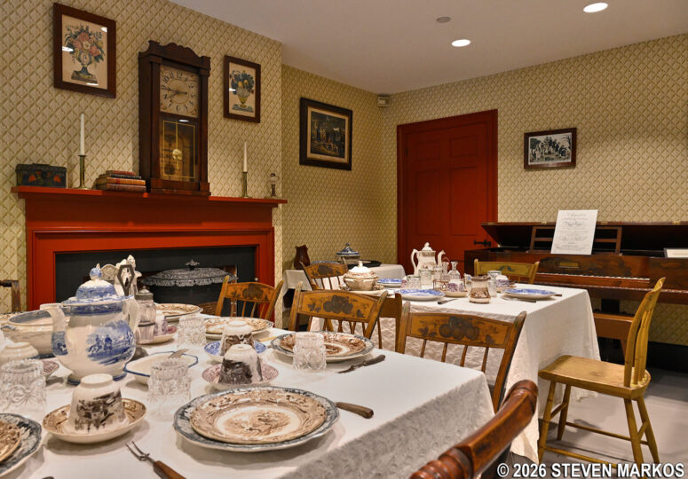 Boarding house dining room at the Into an 1840s Boarding House Exhibit in the Mogan Cultural Center at Lowell National Historical Park