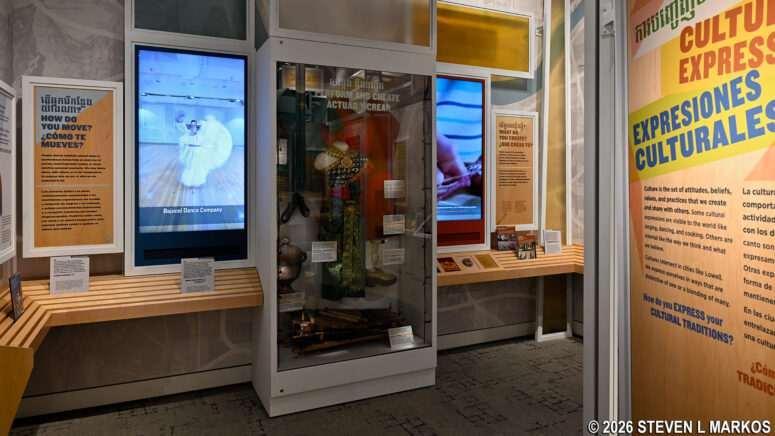 Videos and cultural artifacts are abundant at the One City, Many Cultures exhibit in the Mogan Cultural Center, Lowell National Historical Park