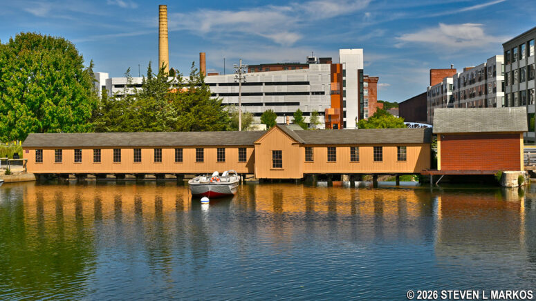 Upstream side of the Swamp Locks Dam Gatehouse on the Pawtucket Canal in Lowell, Massachusetts