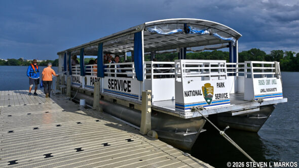 Passengers board the National Park Service boat for a cruise on the Merrimack River, Lowell National Historical Park