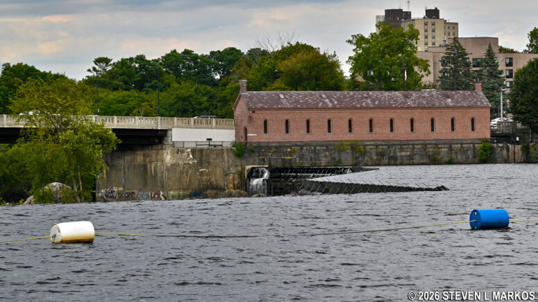 Pawtucket Dam and Gatehouse viewed from the Merrimack River in Lowell, Massachusetts