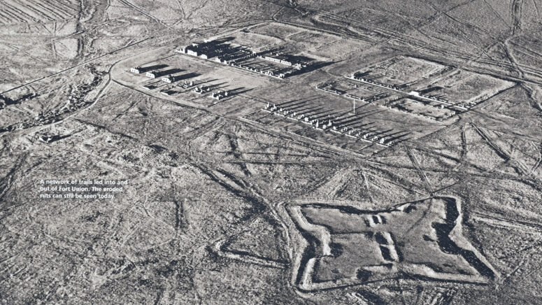 Historical aerial photograph shows the spatial relationship between the second (Star Fort) and third iterations of Fort Union