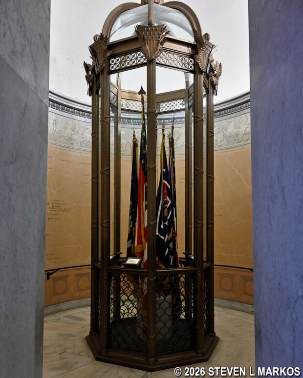 Display of replica Civil War-era flags inside Ulysses S. Grant's mausoleum at General Grant National Memorial
