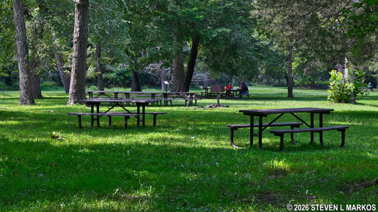 Groups of tables by the Great Falls Overlook 3 at Great Falls Park in Virginia