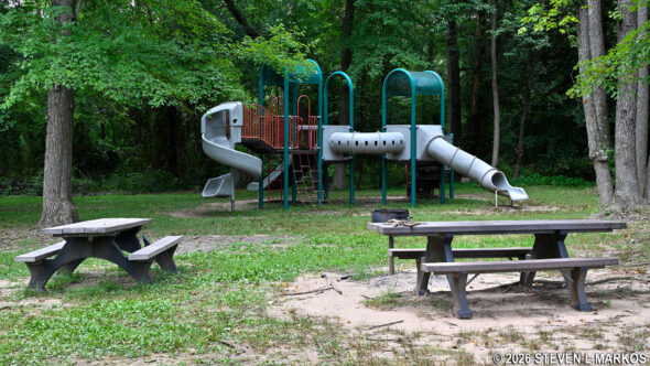 Playground equipment and tables at the Sweetgum Picnic Area in Greenbelt Park