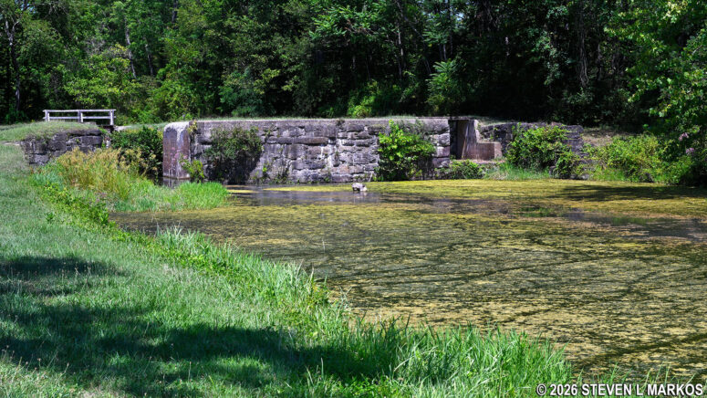 View of the wide basin at the downstream end of Lock 71 on the Chesapeake and Ohio Canal