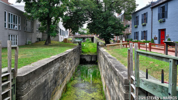Upstream view of Lock 4 in Georgetown at Mile .4 on the Chesapeake and Ohio Canal towpath