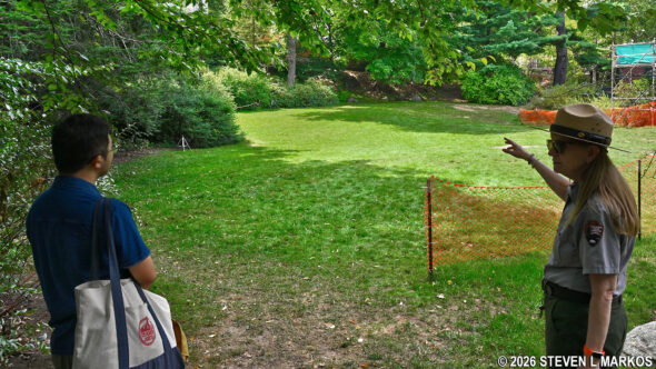 Ranger conducts a tour of the grounds at Frederick Law Olmstead National Historic Site