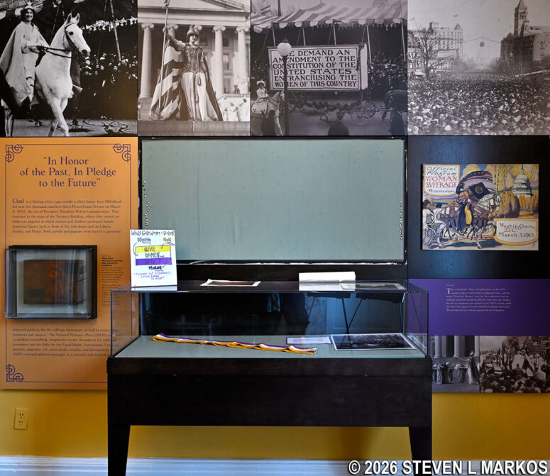 Exhibit on the National American Women Suffrage Association's March 1913 Women's Suffrage Procession in the museum at Belmont-Paul Women's Equality National Monument