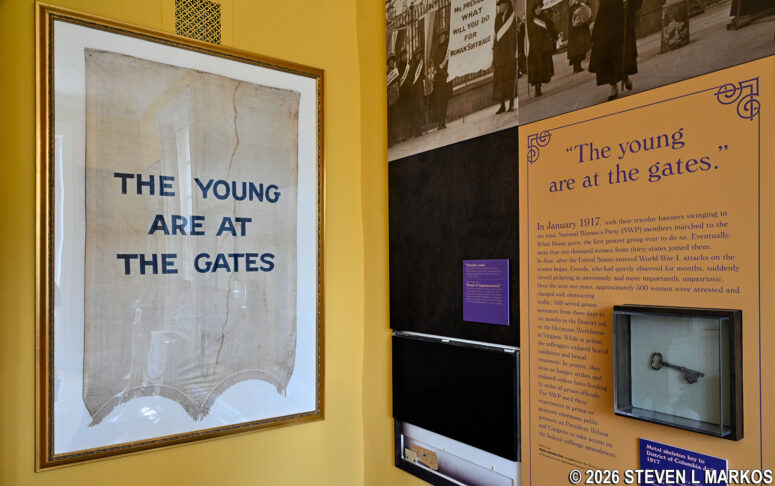 Exhibit on the National Women's Party January 1917 march on the White House in the museum at Belmont-Paul Women’s Equality National Monument
