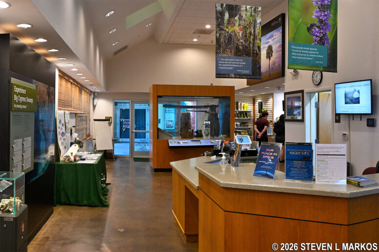 Information desk and exhibits at the Nathaniel P. Reed Visitor Center, Big Cypress National Preserve