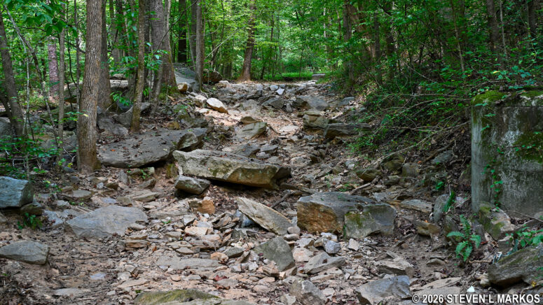 Rocky terrain near intersection CS 15 on the Columns Drive Loop Hike in the Cochran Shoals unit of Chattahoochee River National Recreation Area