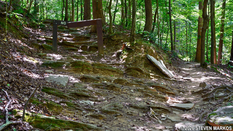 Intersection with the Hiker-Biker Trail to CS 16 (right) and the Hikers Only trail to CS 14 on the Columns Drive Loop Hike in the Cochran Shoals unit of Chattahoochee River National Recreation Area