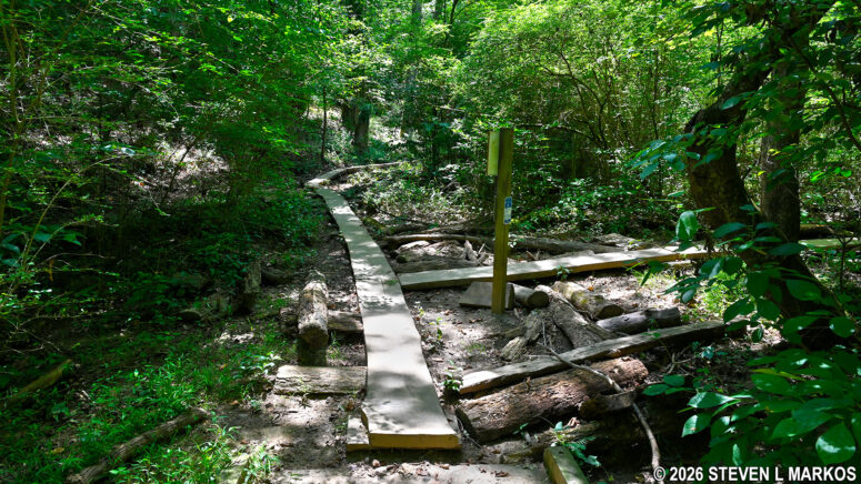 Wooden planks keep hikers out of the mud between intersections CS 22 and CS 23 on the Interstate North Loop Hike in Chattahoochee River National Recreation Area