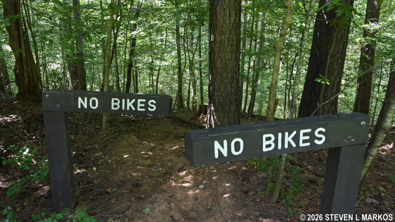 No Bikes barrier keeps bikers off the Interstate North trails near intersection CS 26, Chattahoochee River National Recreation Area