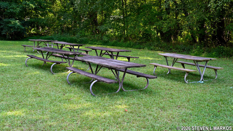 Picnic tables at the Powers Island section of the Chattahoochee River National Recreation Area's Cochran Shoals Unit