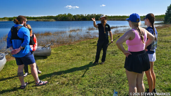 Guide from the Everglades Institute leads a canoe trip on Nine Mile Pond in the Flamingo unit of Everglades National Park