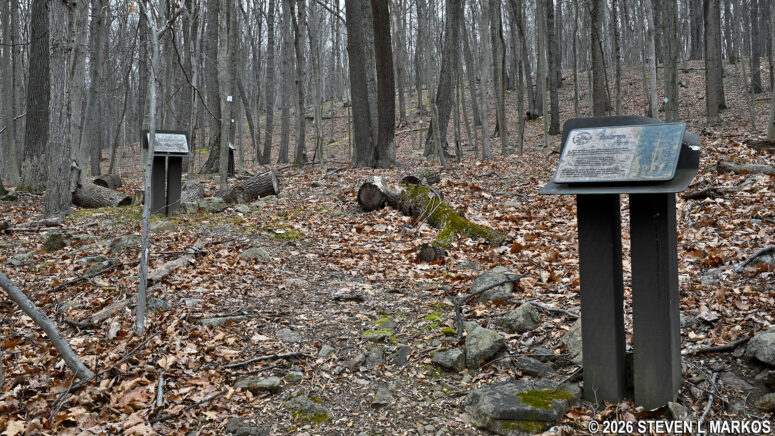 Loop around the hearth and trash pit remnants at the New Jersey Brigade Encampment Site at Morristown National Historical Park