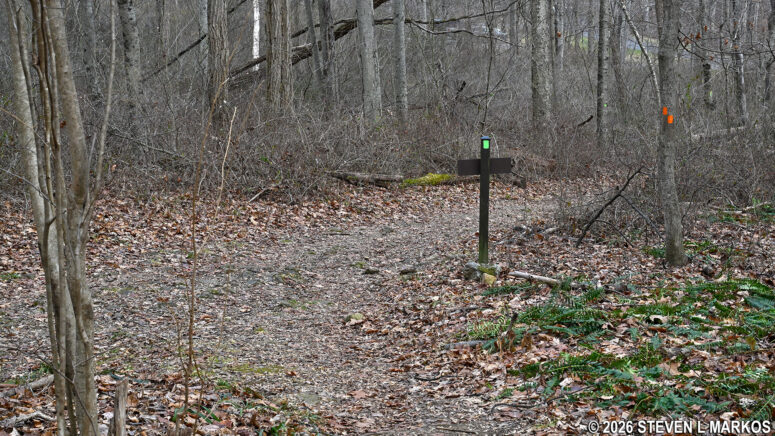 Intersection of the Soldier Hut and Aqueduct trails near the Trail Center Parking Lot, Morristown National Historical Park