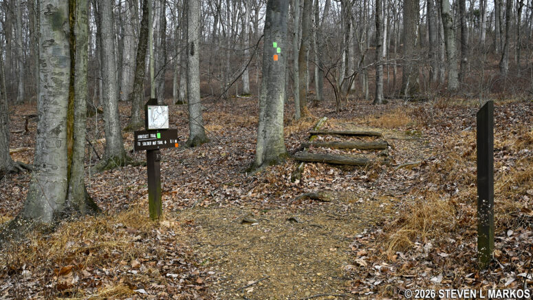 Soldier Hut Trail splits with the Aqueduct Trail before heading towards the Pennsylvania Line Encampment in Morristown National Historical Park