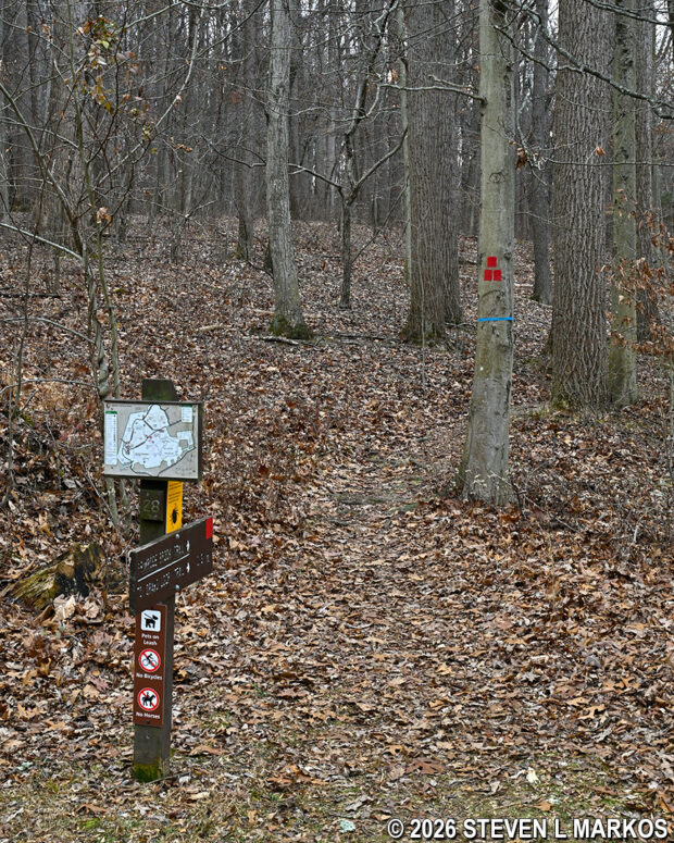 Trailhead for the Primrose Brook Trail across the road from the Trail Center parking lot in the Jockey Hollow unit of Morristown National Historical Park