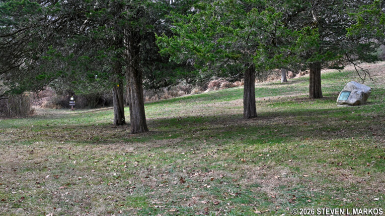 Grand Parade Trail continues past the Jockey Hollow Cemetery Memorial, Morristown National Historical Park