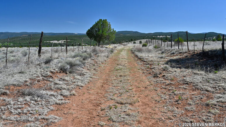 Path between the fences on the South Pasture Loop Trail, Pecos National Historical Park