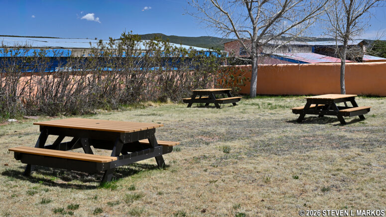 Picnic tables in the Trading Post courtyard at Pecos National Historical Park