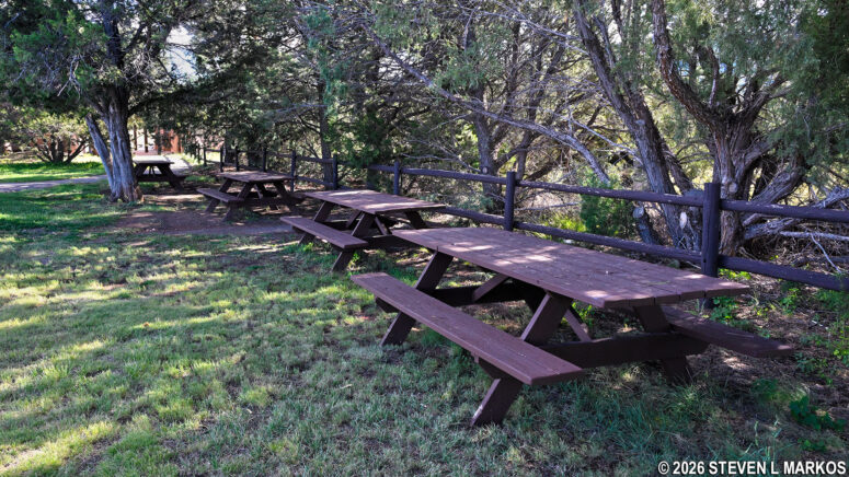 Picnic tables at the parking lot near the Spanish Mission Church at Pecos National Historical Park