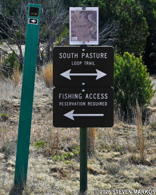 Directional sign with a map at the start of the loop portion of the South Pasture Loop Trail, Pecos National Historical Park