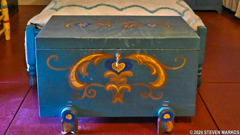 Hand painted trunk in a guest bedroom at the Forked Lightning Ranch, Pecos National Historical Park