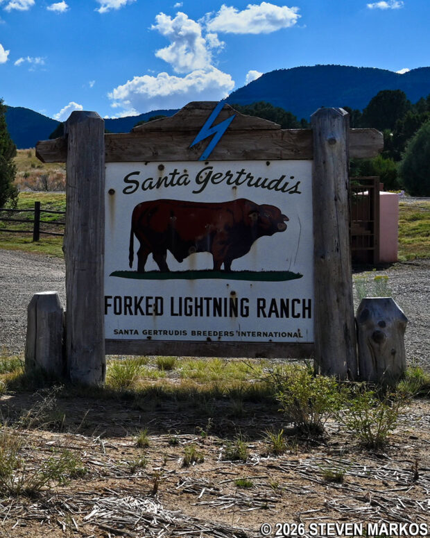 Santa Gertrudis cattle sign in front of the Trading Post at the Forked Lightning Ranch, Pecos National Historical Park