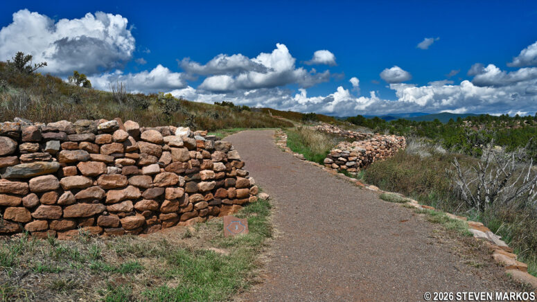 Stone boundary wall at Stop 3 on the Ancestral Sites Trail at Pecos National Historical Park