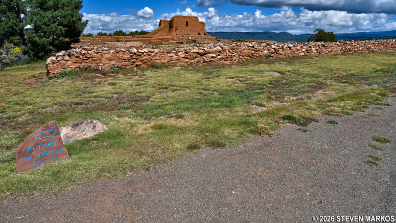 View of Spanish Mission Church ruins from the Ancestral Sites Trail return path, Pecos National Historical Park