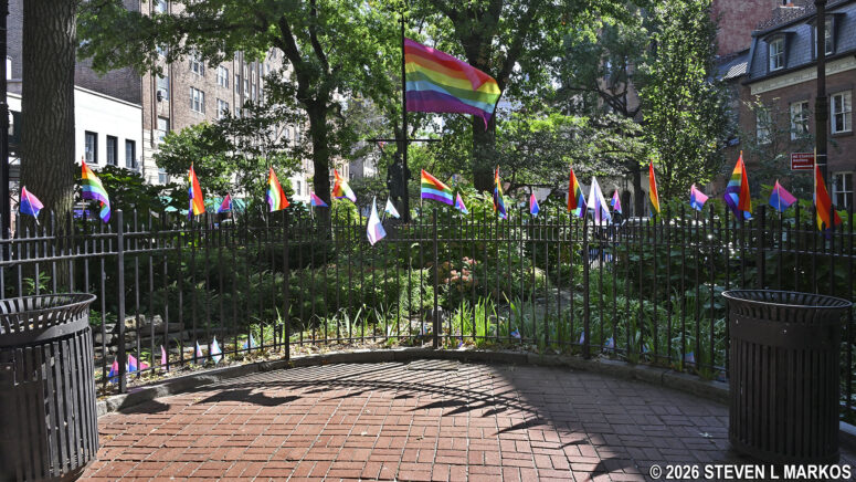 Various Pride flags on display at Christopher Park, part of Stonewall National Monument