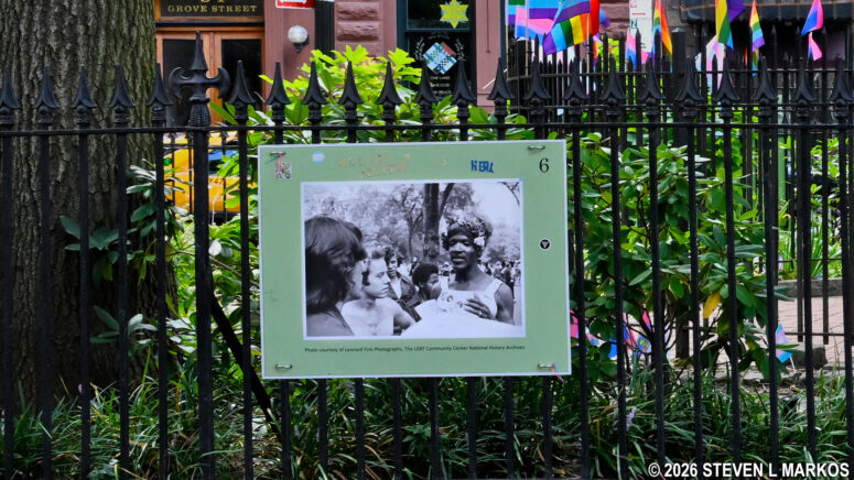 Historical photo on the fence around Christopher Park, part of Stonewall National Monument