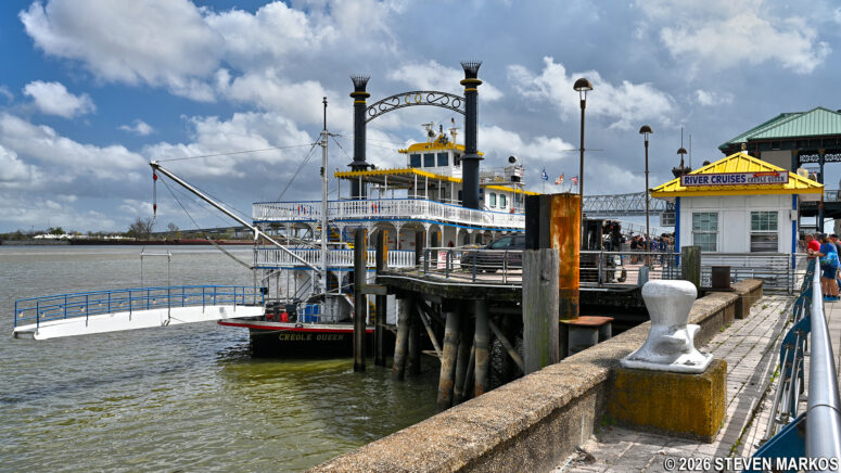 The Creole Queen docked at Spanish Plaza in the French Quarter of New Orleans